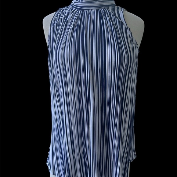 Blue and White Striped Mock Neck Flow Free Sleeveless Blouse Sz Medium - Picture 2 of 13